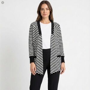 CITY GIRL x Nancy Bolen Stripe Cotton Jersey Knit Embellished Open Front Cardi